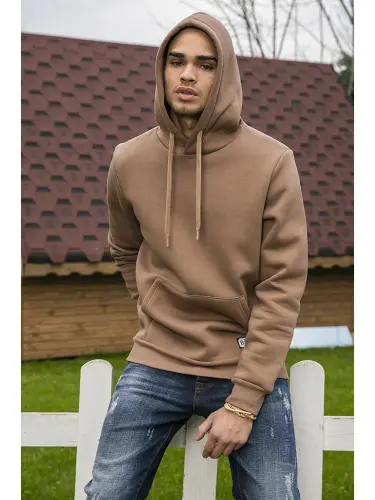 Slim Fit Kapüşonlu Kanguru cho'ntakli, ichi tukli yumshoq shardonli erkaklar xudisi 5905281-jigarrang 