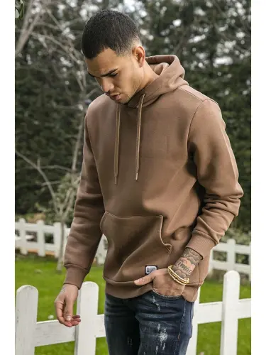 Slim Fit Kapüşonlu Kanguru cho'ntakli, ichi tukli yumshoq shardonli erkaklar xudisi 5905281-jigarrang - 2