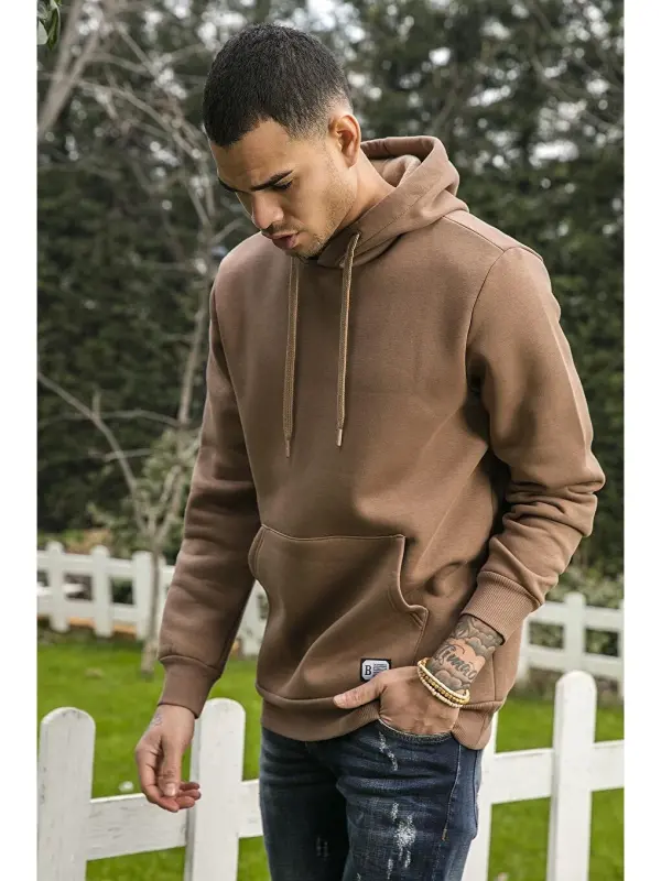 Slim Fit Kapüşonlu Kanguru cho'ntakli, ichi tukli yumshoq shardonli erkaklar xudisi 5905281-jigarrang - 2