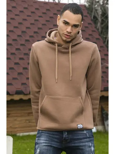 Slim Fit Kapüşonlu Kanguru cho'ntakli, ichi tukli yumshoq shardonli erkaklar xudisi 5905281-jigarrang - 3