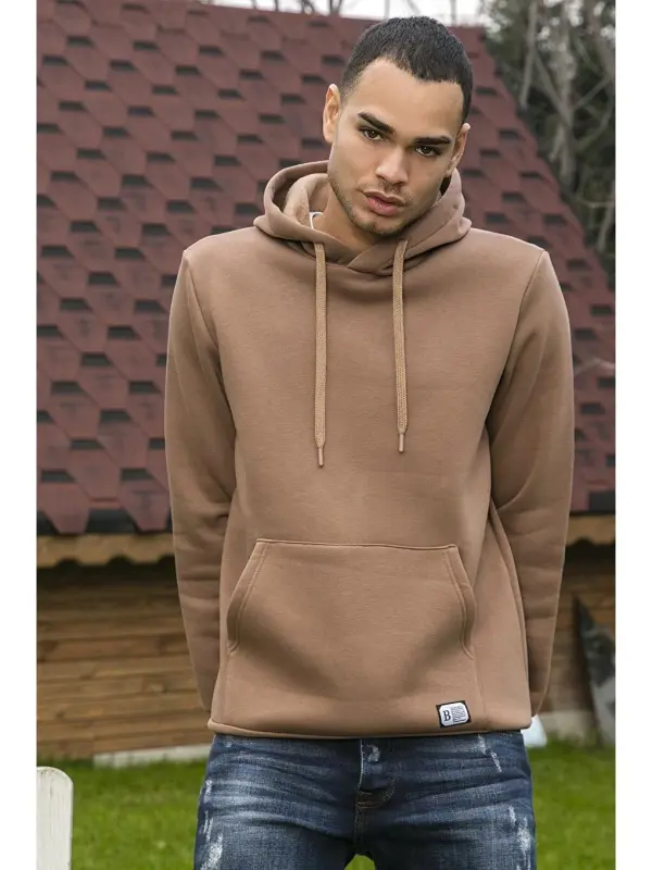 Slim Fit Kapüşonlu Kanguru cho'ntakli, ichi tukli yumshoq shardonli erkaklar xudisi 5905281-jigarrang - 3