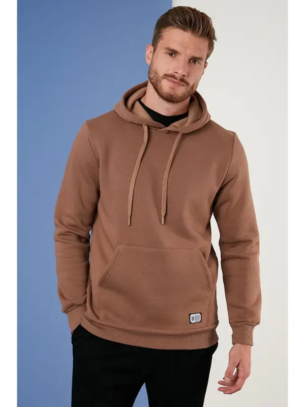 Slim Fit Kapüşonlu Kanguru cho'ntakli, ichi tukli yumshoq shardonli erkaklar xudisi 5905281-jigarrang - 4