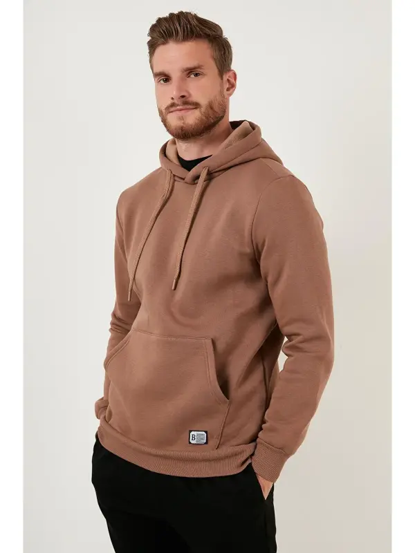 Slim Fit Kapüşonlu Kanguru cho'ntakli, ichi tukli yumshoq shardonli erkaklar xudisi 5905281-jigarrang - 5