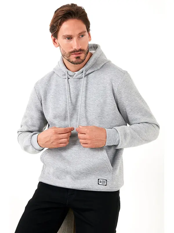 Slim Fit Kapüşonlu Kanguru Cho'ntakli Ichki Tulli Yumshoq Shardonli Erkak Hoodie 5905281-Kulrang - 1