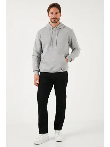 Slim Fit Kapüşonlu Kanguru Cho'ntakli Ichki Tulli Yumshoq Shardonli Erkak Hoodie 5905281-Kulrang - 2