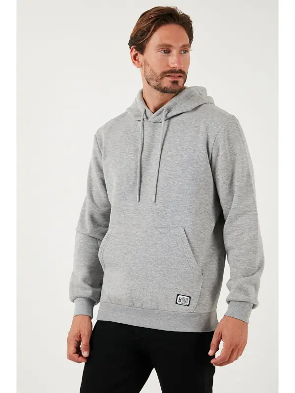 Slim Fit Kapüşonlu Kanguru Cho'ntakli Ichki Tulli Yumshoq Shardonli Erkak Hoodie 5905281-Kulrang - 4
