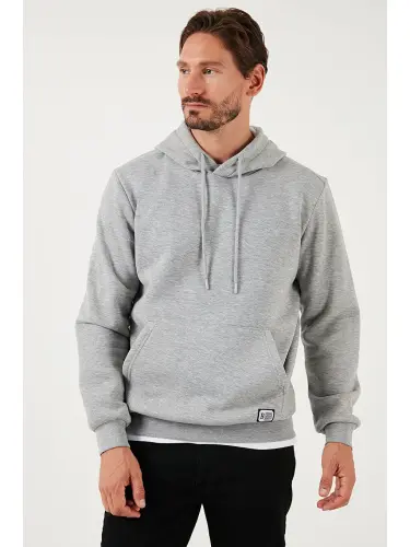 Slim Fit Kapüşonlu Kanguru Cho'ntakli Ichki Tulli Yumshoq Shardonli Erkak Hoodie 5905281-Kulrang - 5