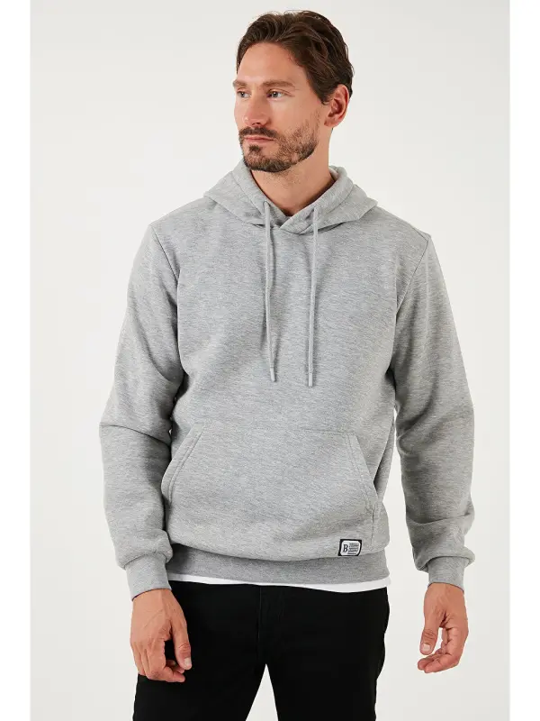 Slim Fit Kapüşonlu Kanguru Cho'ntakli Ichki Tulli Yumshoq Shardonli Erkak Hoodie 5905281-Kulrang - 5