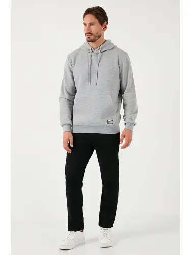 Slim Fit Kapüşonlu Kanguru Cho'ntakli Ichki Tulli Yumshoq Shardonli Erkak Hoodie 5905281-Kulrang - 3