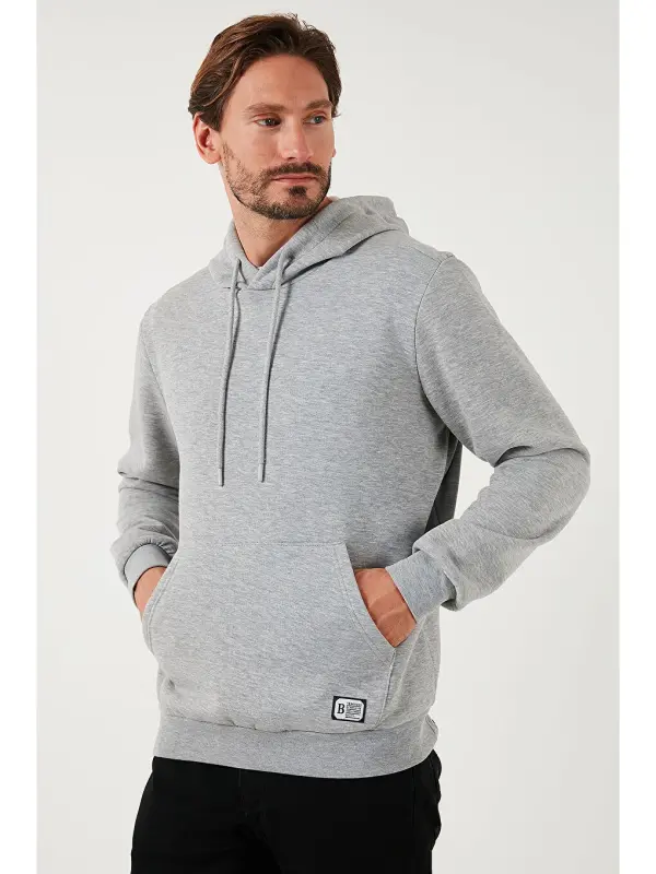 Slim Fit Kapüşonlu Kanguru Cho'ntakli Ichki Tulli Yumshoq Shardonli Erkak Hoodie 5905281-Kulrang - 6