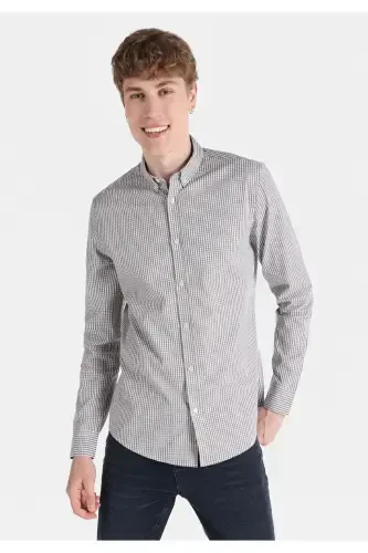 Slim Fit Shirt Neck Kareli Erkek Gri Uzun Kol Gömlek - 1