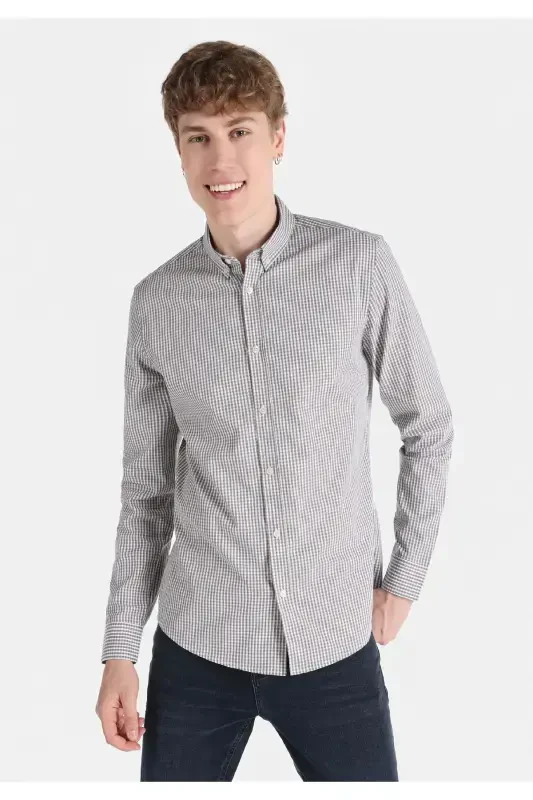 Slim Fit Shirt Neck Kareli Erkek Gri Uzun Kol Gömlek - 1