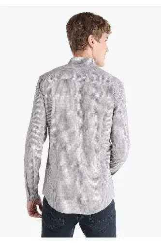 Slim Fit Shirt Neck Kareli Erkek Gri Uzun Kol Gömlek - 2