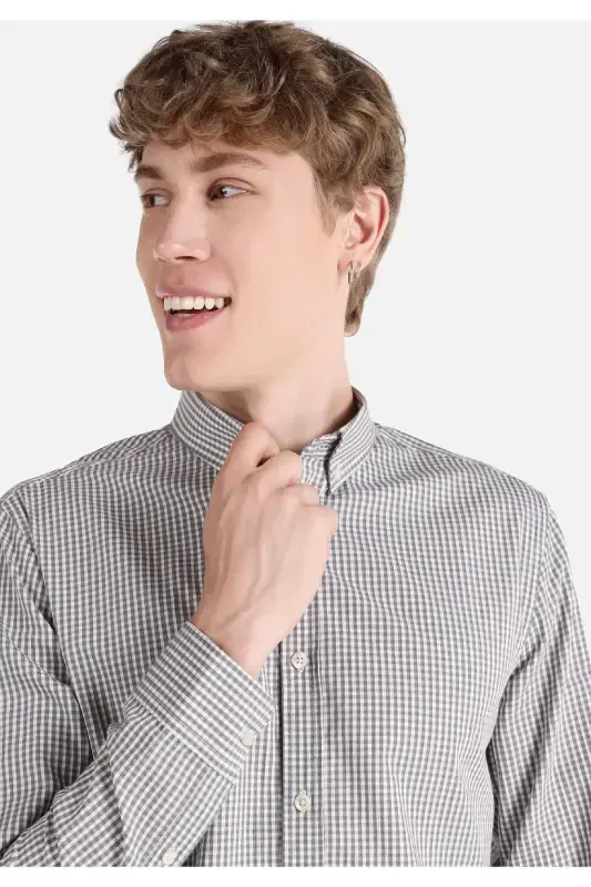 Slim Fit Shirt Neck Kareli Erkek Gri Uzun Kol Gömlek - 4