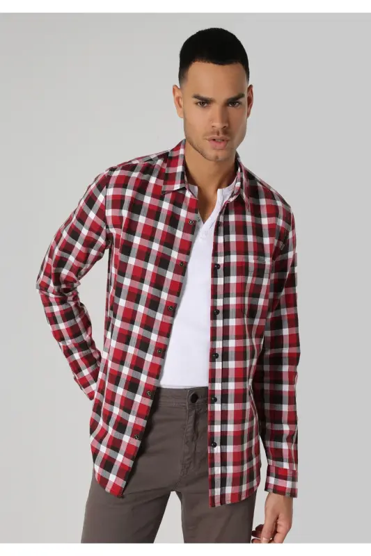 Slim Fit Shirt Neck Ekoseli Erkek Kirmizi Uzun Kol Gömlek - 1
