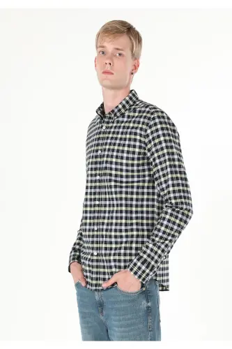 Slim Fit Shirt Neck Ekoseli Erkek Lacivert Uzun Kol Gömlek - LACİVERT - 1