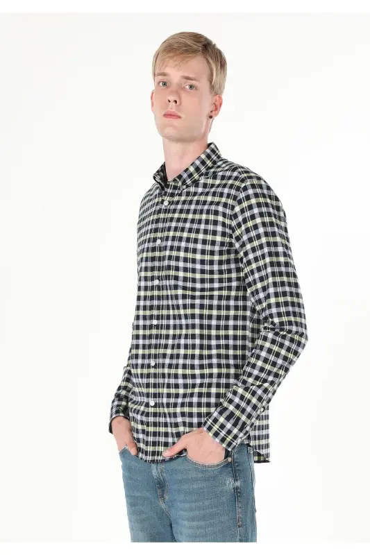 Slim Fit Shirt Neck Ekoseli Erkek Lacivert Uzun Kol Gömlek - LACİVERT - 1