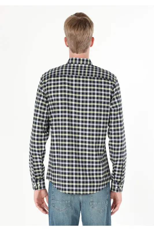 Slim Fit Shirt Neck Ekoseli Erkek Lacivert Uzun Kol Gömlek - LACİVERT - 2