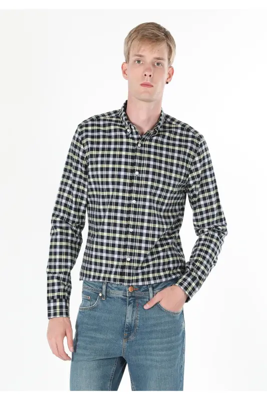 Slim Fit Shirt Neck Ekoseli Erkek Lacivert Uzun Kol Gömlek - LACİVERT - 3