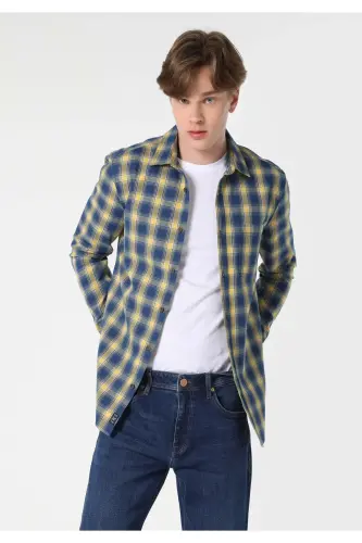 Slim Fit Shirt Neck Ekoseli Erkek Mavi Uzun Kol Gömlek - İNDİGO - 5