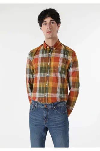 Slim Fit Shirt Neck Ekoseli Erkek Sari Uzun Kol Gömlek - SAFRAN - 1