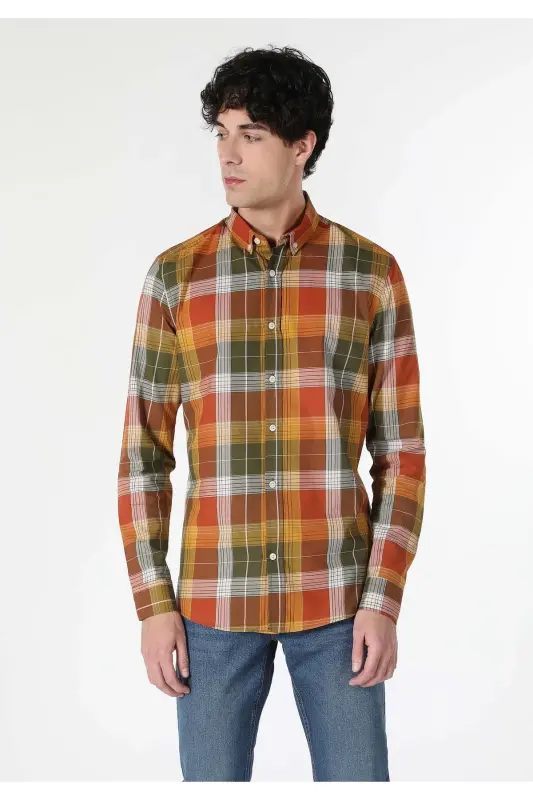 Slim Fit Shirt Neck Ekoseli Erkek Sari Uzun Kol Gömlek - SAFRAN - 4