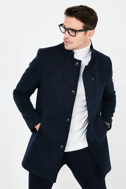 Slim Fit Кашемировое пальто на пуговицах с воротником-стойкой Мужское пальто 5840099-ТЕМНО-СИНИЙ - 3