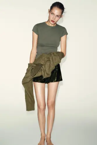 SLIM FIT KISA KOLLU T-SHIRT-Haki - 1