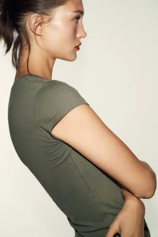 SLIM FIT KISA KOLLU T-SHIRT-Haki - 3