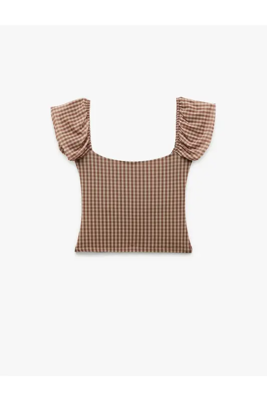 Slim Fit Kısa Kollu U Yaka Büzgülü Fiyonk Detaylı Pötikareli Bluz - Kahverengi Ekoseli - 3