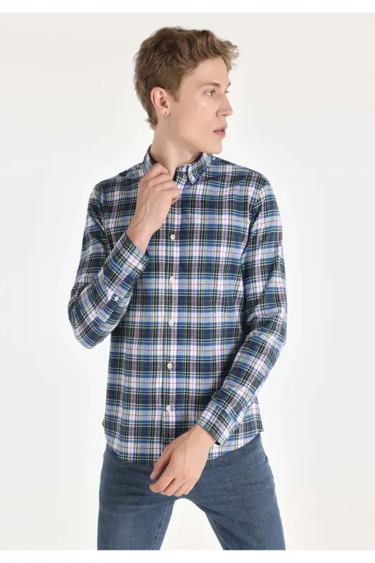 Slim Fit Клетчатая Разноцветная Мужская Рубашка с Длинным Рукавом - COLIN’S