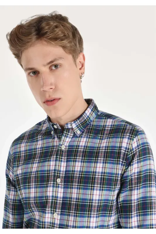 Slim Fit Клетчатая Разноцветная Мужская Рубашка с Длинным Рукавом - 4