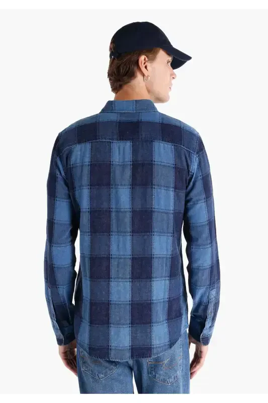 Slim fit, ko'k rangli kat-katli erkaklar uchun uzun yengli ko'ylak. - 2