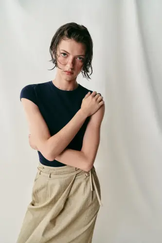 SLIM FIT КРАТКИЙ РУКАВ ТУНИКА-ТЕМНО-СИНИЙ - ZARA (1)