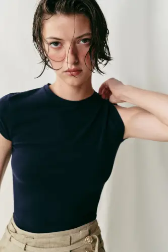 SLIM FIT КРАТКИЙ РУКАВ ТУНИКА-ТЕМНО-СИНИЙ - 4