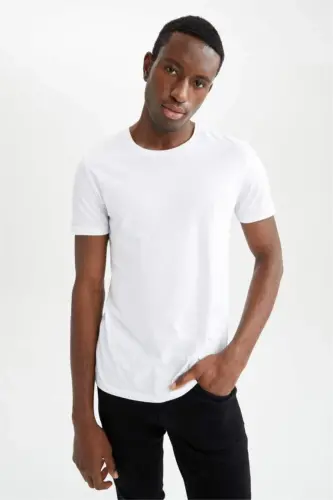 Slim Fit Krujka Yaka Premium Sifatli Basic Futbolka Oq - 1