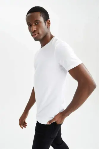 Slim Fit Krujka Yaka Premium Sifatli Basic Futbolka Oq - 3
