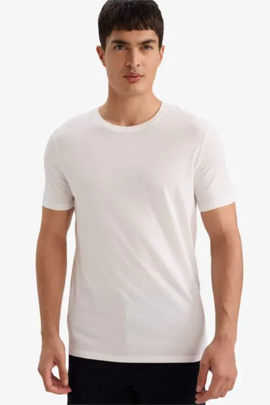 Slim Fit Krujka Yaka Premium Sifatli Basic Qisqa Yengli Paxta Futbolkasi Oq - 3