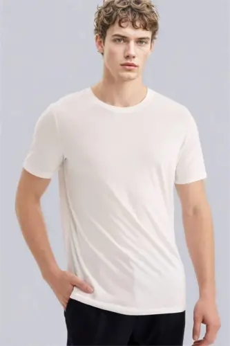 Slim Fit Krujka Yaka Premium Sifatli Basic Qisqa Yengli Paxta Futbolkasi Oq - 1