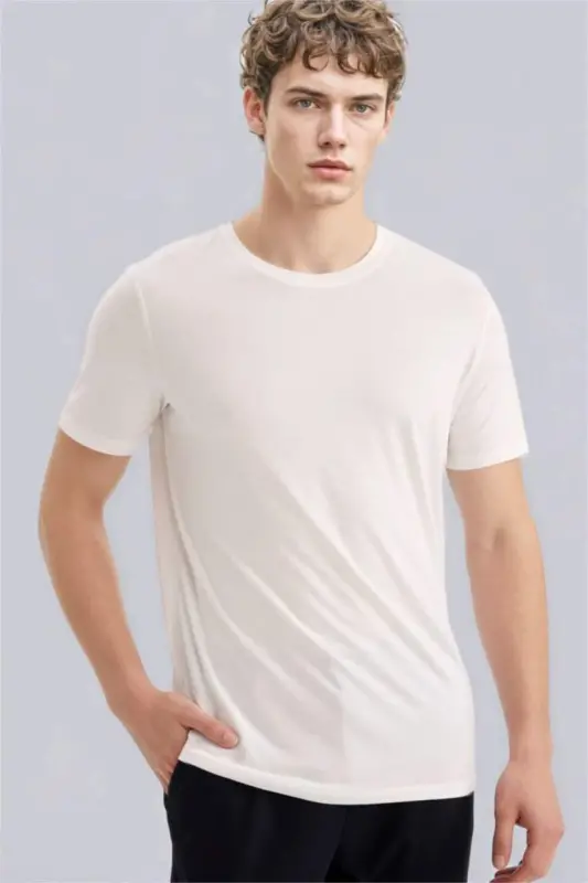 Slim Fit Krujka Yaka Premium Sifatli Basic Qisqa Yengli Paxta Futbolkasi Oq - 1
