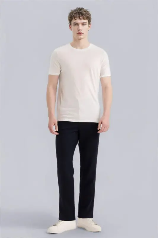 Slim Fit Krujka Yaka Premium Sifatli Basic Qisqa Yengli Paxta Futbolkasi Oq - 2