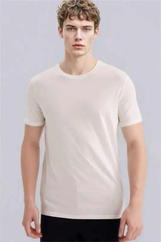 Slim Fit Krujka Yaka Premium Sifatli Basic Qisqa Yengli Paxta Futbolkasi Oq - 3