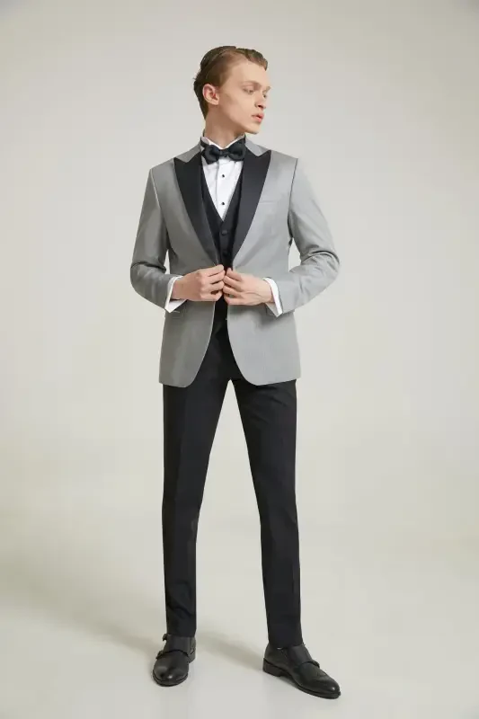 Slim Fit Kulrang Zirhli To'ylik & Smokin Jiletli Kostyum - 3