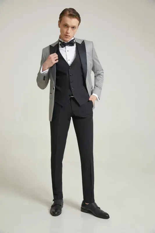 Slim Fit Kulrang Zirhli To'ylik & Smokin Jiletli Kostyum - 4