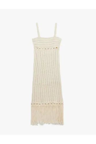 Slim Fit Kvadrat Bo'yin O'yimli Midi Bo'yli Püskülli Osma Kroşe Ko'ylak - 4