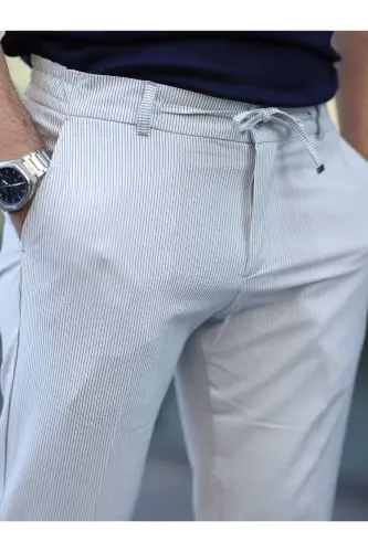 Slim Fit Likralı Çizgili Jogger Pantolon - Beyaz mavi çizgili - 1