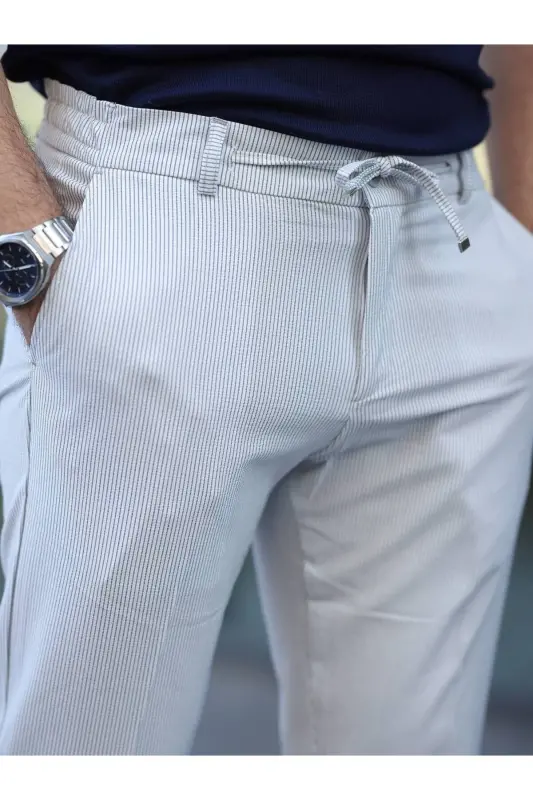 Slim Fit Likralı Çizgili Jogger Pantolon - Beyaz mavi çizgili - 1