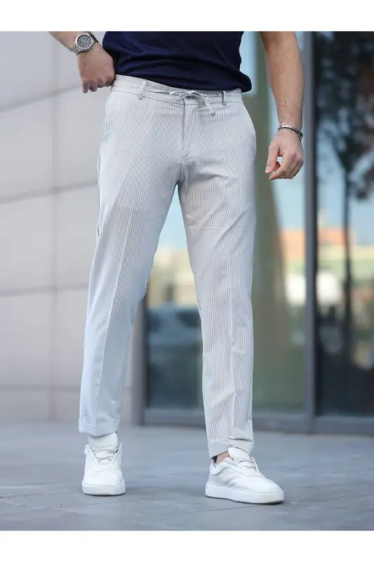 Slim Fit Likralı Çizgili Jogger Pantolon - Beyaz mavi çizgili - 2