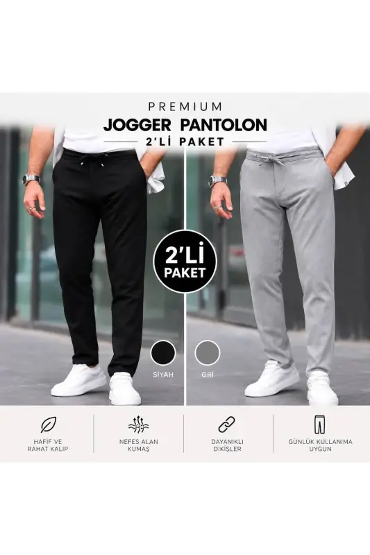 Slim Fit Likralı Jogger Pantolon - SİYAH+A.GRİ - 1