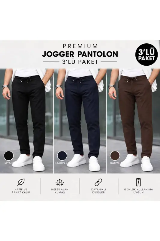 Slim Fit Likralı Jogger Pantolon - SİYAH+LACİVERT+KAHVE - 1
